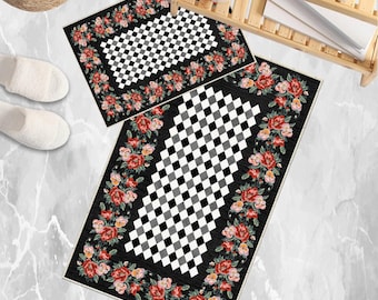 Colorful Roses Bathroom Rug Non Slip Bath Mat Black White Checkered Quick Dry Washable Floral Toilet Mat Soft Modern Decor