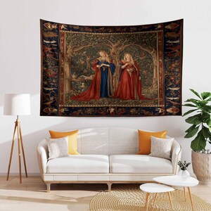 Medieval Princess Tapestry - Enchanting 15th Century French Wall Hanging, Red Mythical Artwork, Vintage Decor Gift