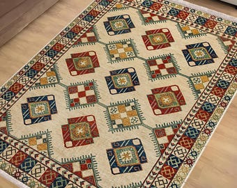 Southwestern Chenille Kilim Area Rug|Ethnic Print Turkish Rug|Vintage Carpet|Washable Living Room Rug|Ottoman Court Carpet|Traditional Decor