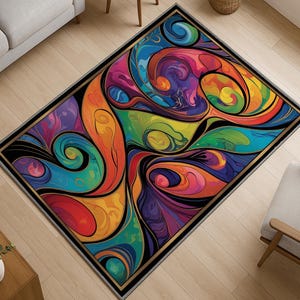 Modern Abstract Colorful Rug - Washable Chenille Area Carpet with Non-Slip Backing - Vibrant Artistic Home Decor Floor Mat