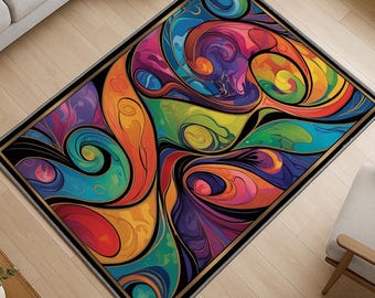 Modern Abstract Colorful Rug - Washable Chenille Area Carpet with Non-Slip Backing - Vibrant Artistic Home Decor Floor Mat