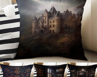 Dark Academia Pillow Cover, Gothic Medieval Cushion, Victorian Castle Decorative Throw Pillowcase, Moody Home Decor Accent