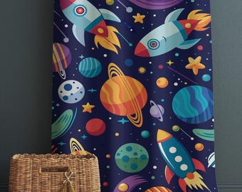 Space Galaxy Curtains for Kids Room, Custom Size Rocket & Stars Window Drapes, Room Decor with Matching Gift Pillow Case