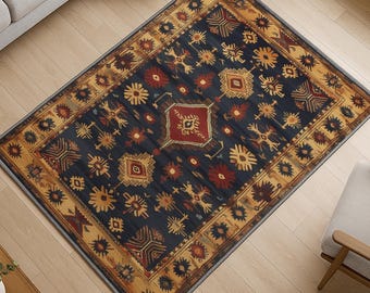 Aztec Oriental Rug - Washable Chenille Carpet in Navy, Red, and Gold with Tribal Geometric Design - Vintage Boho Home Decor