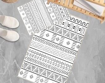 Black White Aztec Boho Bathroom Rug - Non Slip Quick Dry Bath Mat, Tribal Geometric Toilet Mat, Soft Washable Modern Bohemian Decor