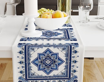 Table Runner Blue Ethnic Ottoman Turkish Pattern, Authentic Retro Farmhouse Home Decor, Traditional Textile Accent, Farmhouse Decor