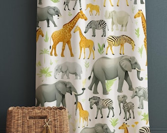 Safari Animals Kids Curtains & Gift Pillow Covers, Custom Nursery Drapes, Elephant Giraffe Zebra Window Treatment for Child Bedroom Decor