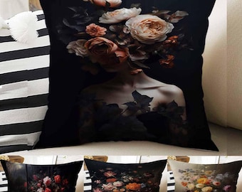 Dark Academia Moody Pillow Cover, Victorian Flowers Cushion, Decorative Throw Pillowcase, Dark Cottagecore Floral Home Decor