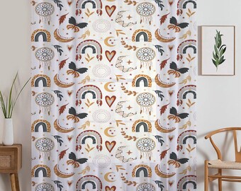Bohemian Rainbow Hearts Sheer Curtain for Kids Room –Baby Nursery Net Voile, Lightweight & Machine Washable - Matching Accessories