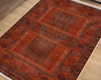 Orange Southwest Classic Area Rug|Ethnic Print Turkish Rug|Vintage Carpet|Washable Living Room Rug|Ottoman Court Carpet|Traditional Decor