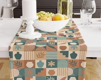 Table Runner Brown Green Bohemian Minimalist Pattern, Retro Farmhouse Decor, Traditional Textile Accent for Dining & Home, Farmhouse Decor
