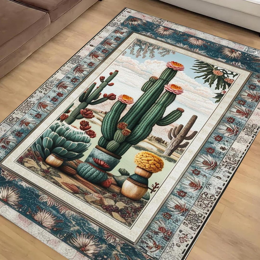 Southwestern Cactus Rug, Boho Floral Wild Plant Rug for Living Room ...