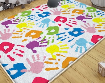 Colorful Hands Nursery Rug with Pillow Case Gift, Kids Room Decor, Cute Baby & Toddler Playroom Carpet, Perfect Kids Room Gift