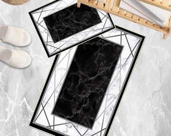 Black White Marble Bathroom Rug Non Slip Quick Dry Bath Mat - Geometric Modern Toilet Mat, Soft Washable Floor Decor