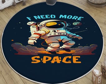 Space Themed Kids Room Rug Dark Blue Astronaut Nursery Decor with Pillow Case Gift, Round Cute Baby Room Rug for Toddler Playroom