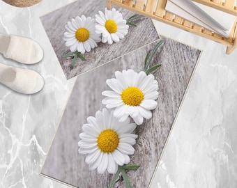 Daisy Flowers Gray Bathroom Rug - Floral Non Slip Bath Mat, Quick Dry Washable Toilet Mat, Soft Modern Bathroom Decor