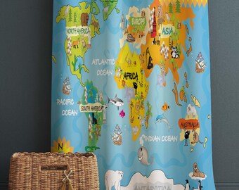 Educational Animal Earth Map Nursery Curtains – Custom Kids Room Drapes & Cute Bedroom Window Treatment Decor with Gift Pillow Covers