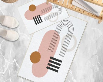 Pink Orange Black Minimal Geometric Bathroom Rug, Non Slip Quick Dry Bath Mat, Washable Soft Modern Toilet Mat