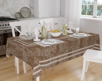 Geometric White Lines on Brown Gray Watercolor Background Pattern Tablecloth, Modern Dining Accent Cover