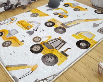 Construction Vehicles Kids Rug with Crane Bulldozer Excavator Mat - Heavy Equipment Playmat Nursery Carpet for Boys + Pillowcase Gift