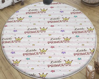 Round Princess Nursery Rug for Kids Room, Cute Girl Playroom Carpet with Pillowcase Gift, Baby Nursery Decor, Soft Round Floor Mat