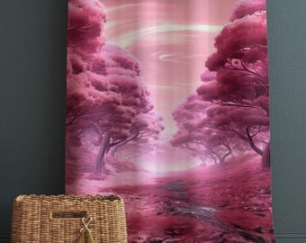 Pink Trees Forest Path Curtains for Girls Room, Floral Window Drapes, Custom Size Kids Nursery Decor & Gift Pillow Covers