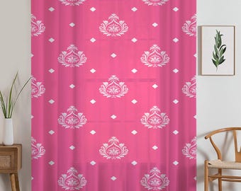 Pink White Damask Sheer Curtain for Kids Room –Girls Nursery Net Voile, Lightweight & Machine Washable - Matching Accessories