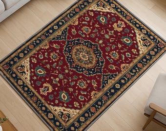 Red Oriental Medallion Rug - Washable Vintage Chenille Carpet with Floral Border - Non Slip Area Rug for Living Room or Bedroom