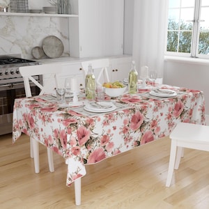 Pink Roses Floral Flowers Spring Botanical Pattern Tablecloth, Modern Dining Accent Table Cover,  Rectangle tablecloth, Housewarming gift