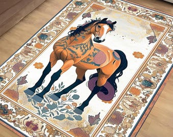 Oriental Horse Rug for Living Room, Traditional Wild Horse Area Rug, Kids Room Decor, Farmhouse Style Horse Rug, Durable Animal Print Carpet