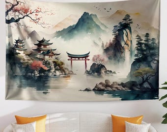 Japanese Watercolor Landscape Tapestry – Serene Home Decor with Historic Houses, Mountain Forest, and Tranquil Scenery Wall Hanging