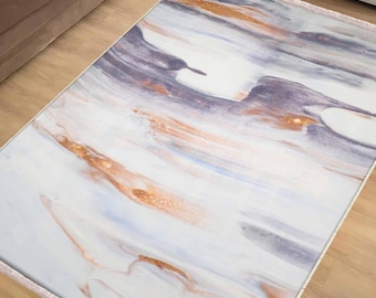 Orange Gray Marble Runner Rug, Modern Geometric Accent Carpet, Scandinav Nordic Anti-Slip Area Rug, Abstract Rug, Chenille Washable Rug