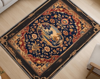 French Tapestry Rug - Washable Dark Academia Carpet with Garden Scene & Oriental Border - Chenille Victorian Style Area Rug