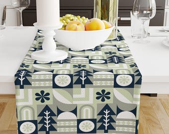 Table Runner Blue Green Gray Trees Pattern – Natural Farmhouse Decor Accent for Dining Room & Home Textile, Farmhouse Decor