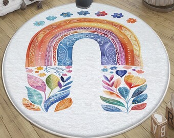 Round Colorful Rainbow Flowers Nursery Rug with Pillow Case, Cute Girls Kids Room Decor & Gift for Toddler Bedroom