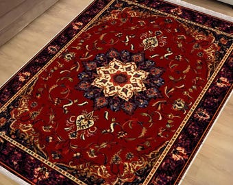Medieval Rug|Dark Red Burgundy Anatolian Area Rug|Oriental Turkish Rug|Vintage Carpet|Chenille Washable Rug | Burgundy Medallion Area Rug