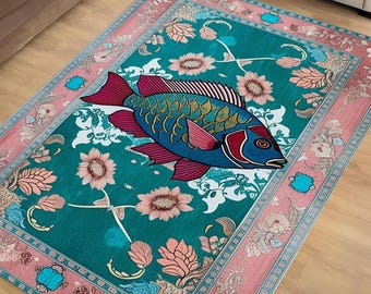 Dark Academia Fish Area Rug | Vintage Coastal Nautical Beach Cottagecore Marine Decor Rustic Kitchen Accent Carpet