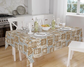 Egyptian Eyes Pyramid Tablecloth Brown Border Pattern Tablecloth, Ethnic Retro Dining Accent Table Cover, Modern Boho Home Decor