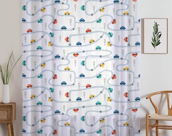 Colorful Cars on Road Sheer Curtain for Kids Room, Lightweight Cute Road Map Nursery Net Voile, Baby Room Window Drapes,