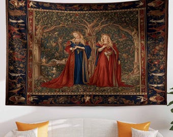 Medieval Princess Tapestry Wall Hanging - 15th Century French Vintage Decor, Red Mythical Artwork Gift, Enchanting Historical Textile