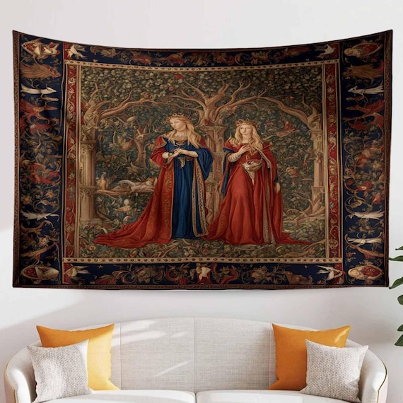 Medieval Princess Castle Tapestry Wall Hanging - 15th Century French Vintage Decor, Red Mythical Artwork Gift, Enchanting Historical Textile