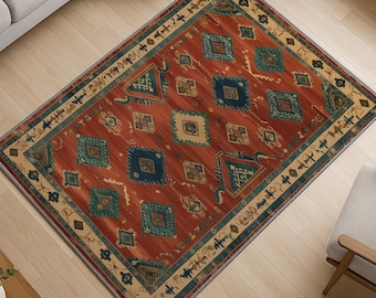 Aztec Oriental Rug - Washable Chenille Carpet in Rust Red and Blue with Tribal Geometric Design - Vintage Boho Home Decor