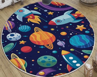 Space Planets Kids Nursery Rug - Round Non-Slip Wash Room Decor & Gift