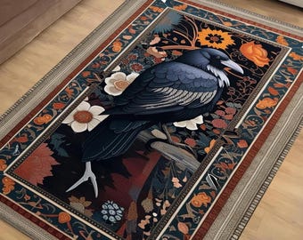Gothic Raven Rug Dark Academia Carpet Orange Black Victorian Crow & Floral Witchcore Area Rug Occult Aesthetic Decor