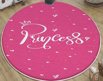 Rug for Kids Round Pink Princess Girl Room Rug with Pillow Case Gift, Nursery & Playground Decor, Baby Soft Floor Mat