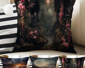 Dark Academia Pillow Cover, Gothic Scenery Cushion, Goth Landscape Decorative Throw Pillowcase, Moody Home Decor Accent