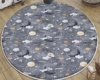 Gray Moon Clouds Kids Room Rug with Stars  Night Design, Cute Pink Round Rug Gift with Pillowcase – Kids Room Decor & Play Mat