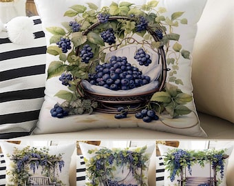 Grapes Garden Floral Both Side Printed Pillow Cases, Cozy Cottagecore Accent Pillow, Fruits Garden Spun Pillow Cushion, Housewarming Gift
