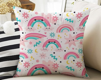 Kids Room Decor Colorful Pink Rainbow Clouds Pillow Covers, Bold Nursery Cushion & Decorative Children Throw Pillowcases for Playroom