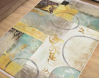 Modern Yellow Green Brown Area Rug Runner, Geometric Abstract Accent Carpet, Turkish Anti-Slip Unique Room Mat, Chenille Washable Rug